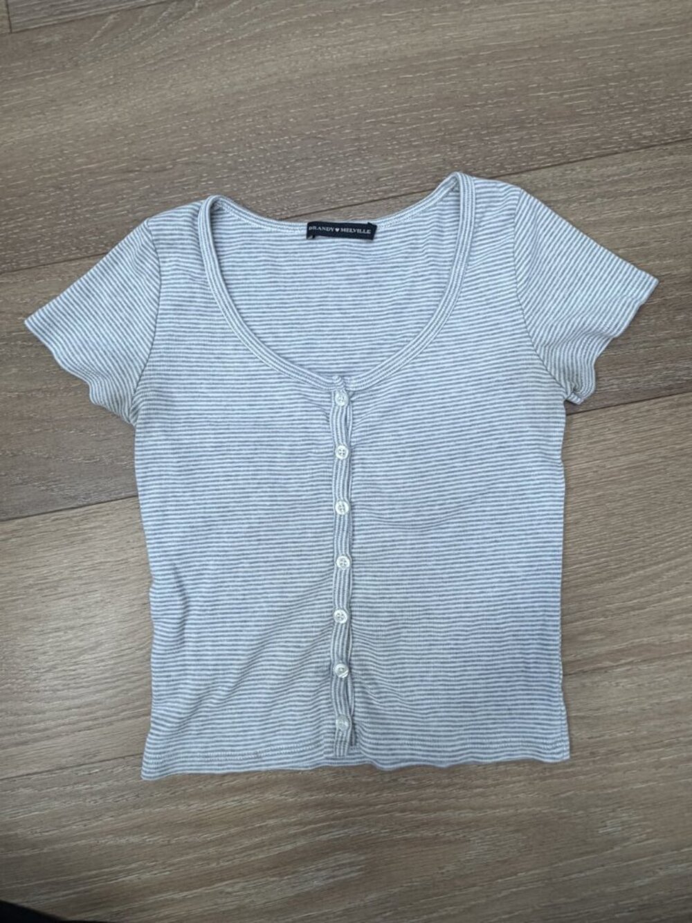 Brandy Melville Gray White Striped Button Front Tee - One Size
